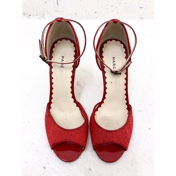 MARC JACOBS Cherry Red Beaded Ankle Strap Pumps - Picture 2 of 5